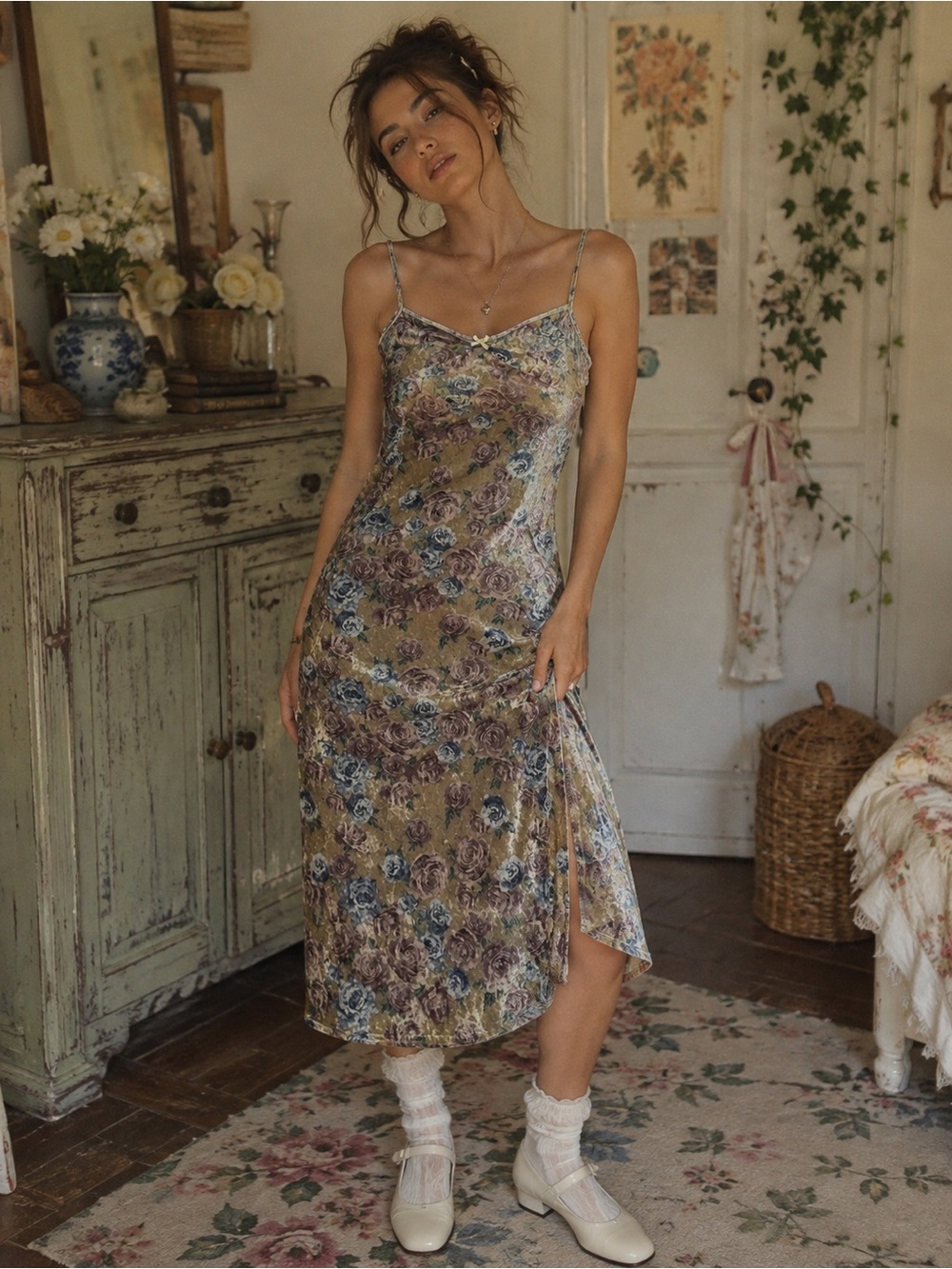 Blue Pink Floral Crushed Velvet Midi Slip Dress Slit l Y2K Romantic 90s Grunge